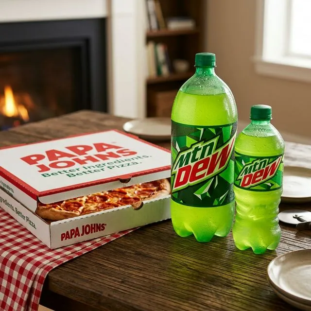 Papa Johns Mountain Dew 20 oz and 2-Liter bottle with price 2026
